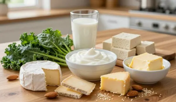 Verre lait blanc, tofu blanc blocs, yaourt nature bol, fromages camembert emmental, amandes sésame, kale vert