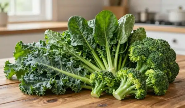 Gros plan légumes verts : chou frisé kale, blette feuilles larges, brocoli bouquets
compacts, table bois rustique