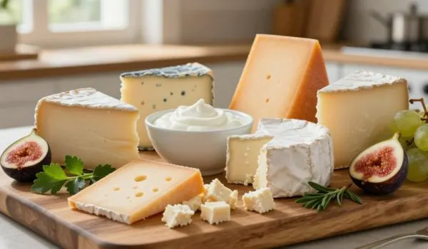 Fromages parmesan emmental camembert brie, yaourt, figues raisins, planche bois