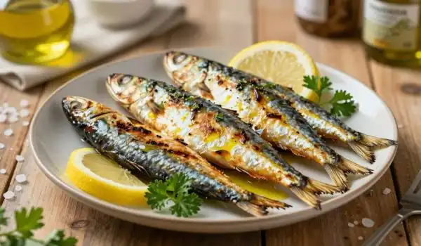4 sardines grillées huile olive citron persil sel, assiette blanche table bois