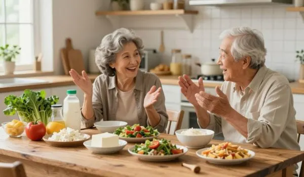 Couple seniors rit, table repas légumes yaourt lait tofu, annotations calcium sources