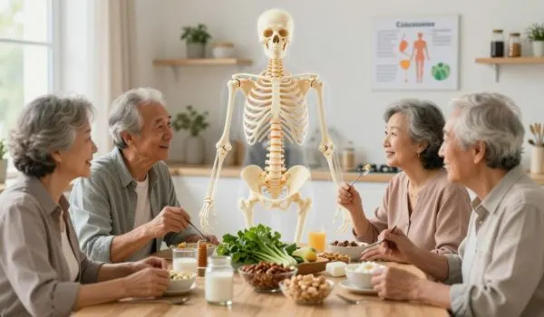 Seniors rient autour table repas légumes lait, squelette anatomique debout