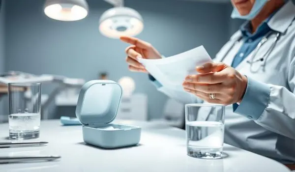 Médecin tenant une notice médicale à côté d'un étui de gouttière ouvert et d'un verre
d'eau sur une table de consultation