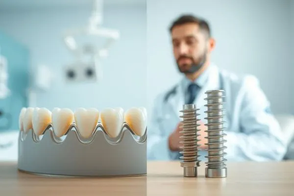 Modèle de bridge dentaire et vis d'implants dentaires posés sur un bureau de cabinet dentaire