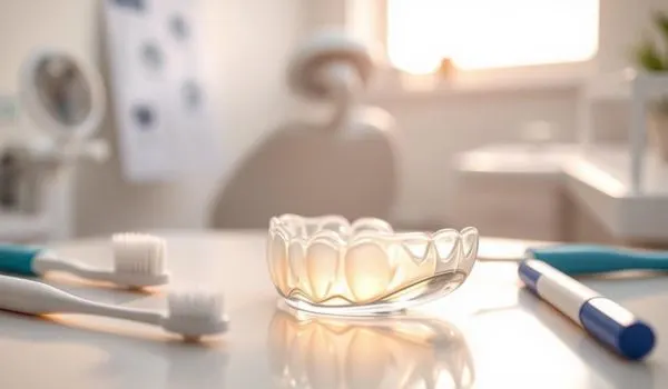 Gouttière dentaire transparente posée sur une surface blanche entourée de deux
brosses à dents, dans une salle de bain lumineuse