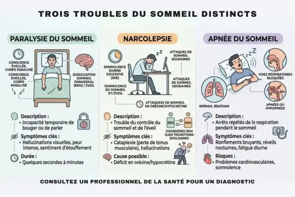 Schéma ou illustration comparant trois troubles du sommeil, icônes médicales simples sur fond clair