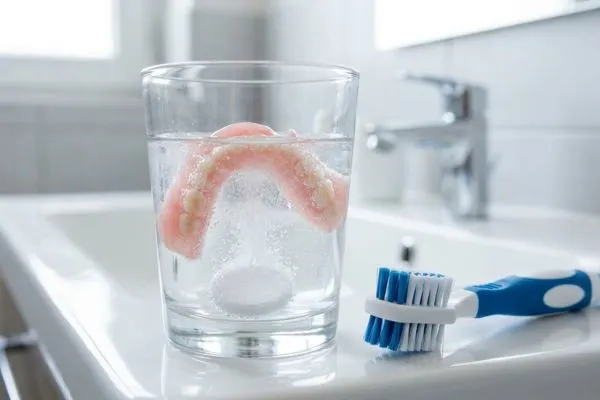 Prothèse amovible rose trempant dans un verre d'eau avec une tablette effervescente,
à côté d'une brosse à prothèse. Fond blanc de salle de bain.
