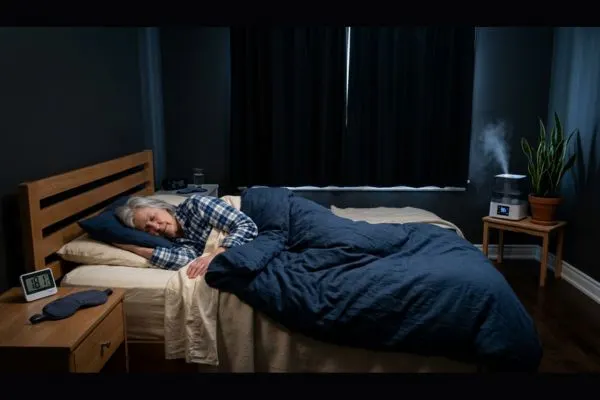 Chambre froide/noire → Senior endormi lit ferme, rideaux occultants noirs fermés, thermomètre 18°C,
masque yeux table chevet, plante verte, humidificateur 50%.