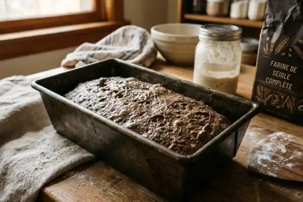 Pâte de pain de seigle au levain naturel en cours de fermentation dans un moule à pain en métal