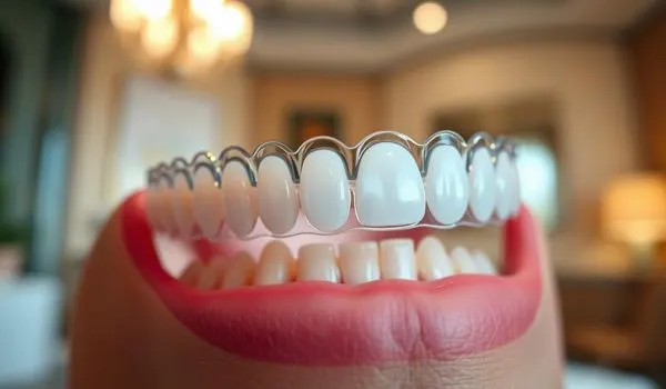Gros plan d'une gouttière orthodontique transparente posée sur une arcade dentaire,
dans un cadre lumineux et élégant