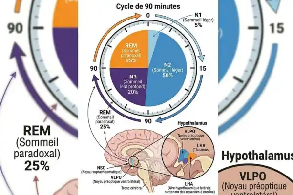 Graphique coloré → N1 bleu clair (5%) → N2 bleu (50%) → N3 violet foncé (20%) → REM orange (25%).
Horloge 90 min, flèches cycles, cerveau hypothalamus en coupe. Fond blanc médical.