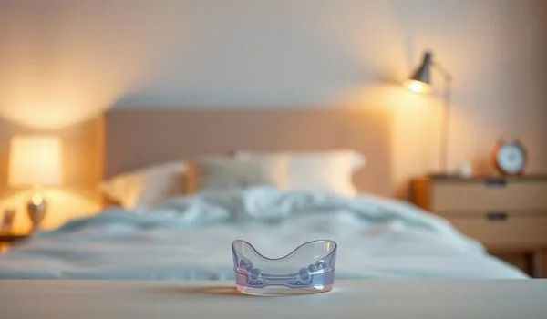 Gouttière dentaire transparente posée sur une table de nuit devant un lit, dans une
chambre à coucher éclairée chaleureusement