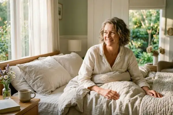 Personne sereine au réveil, sourire, lumière matinale, chambre claire et reposante