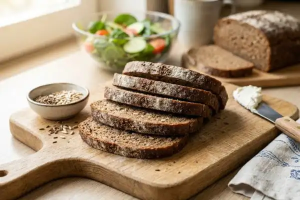 Tranches de pain de seigle riche en fibres, bienfaits pour la digestion et la santé après 50 ans