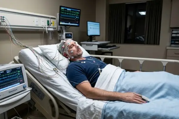 Laboratoire du sommeil, patient avec électrodes pour polysomnographie, ambiance médicale propre