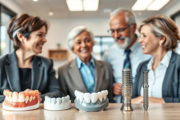 Groupe de personnes discutant des options de prothèses dentaires avec modèles d'implant, bridge et prothèse amovible