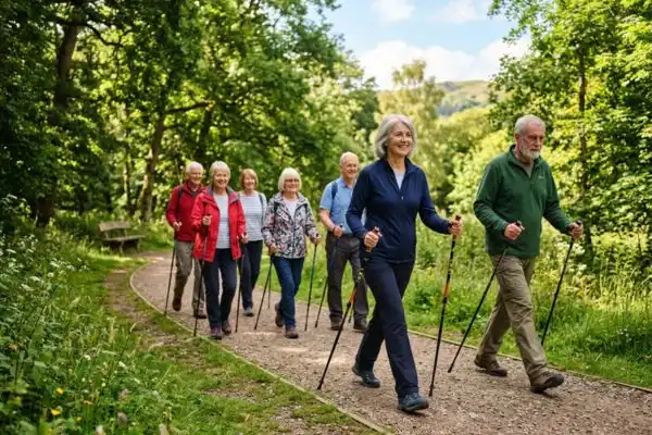Groupe de seniors pratiquant la marche nordique en plein air,
bâtons en main, sur un sentier verdoyant ensoleillé
