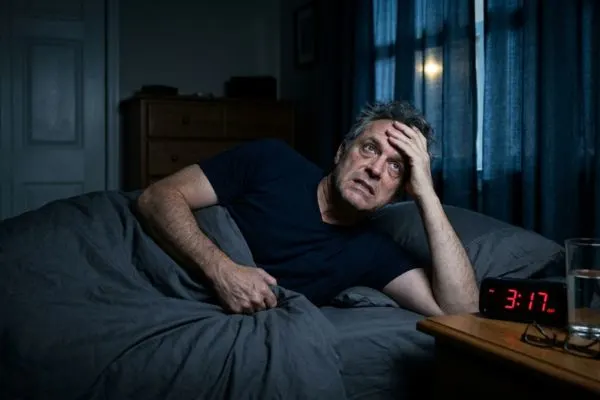 Personne 50 ans stressée dans son lit, réveil sur la table de nuit, chambre sombre, posture tendue