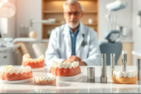 Modèles de prothèses dentaires amovibles, implants et bridge présentés par un dentiste senior en cabinet
