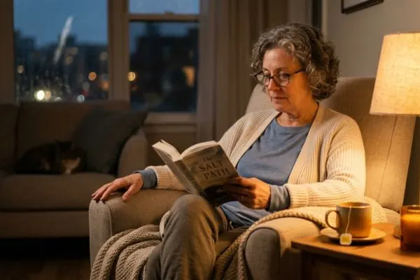 Personne de 50+ ans en routine du soir — tisane, livre, lumière douce, ambiance apaisante