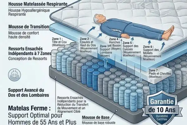 Matelas ferme coupe transversale → ressorts indépendants, senior 55+ dos/lombaire soutenu, zones fermeté colorées (tête/épaules/bassin), étiquette 10 ans garantie.