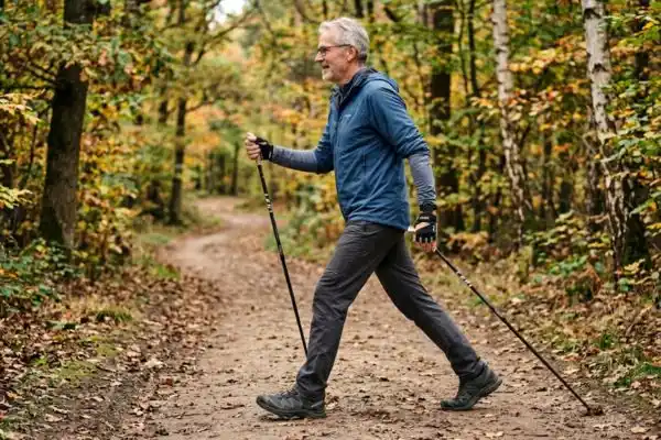 Homme de 60 ans en pleine technique de marche nordique,
bâton planté derrière lui à 45 degrés sur chemin de terre