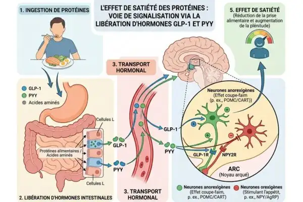 Schéma illustrant l'effet de satiété des protéines sur le cerveau via les hormones GLP-1 et PYY