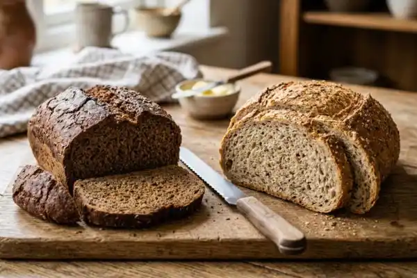 Pain de seigle et pain complet côte à côte sur une table en bois, comparaison nutritionnelle pour les seniors