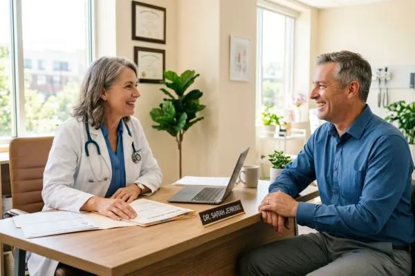 Patient senior en consultation avec un médecin, discussion bienveillante, cabinet lumineux
