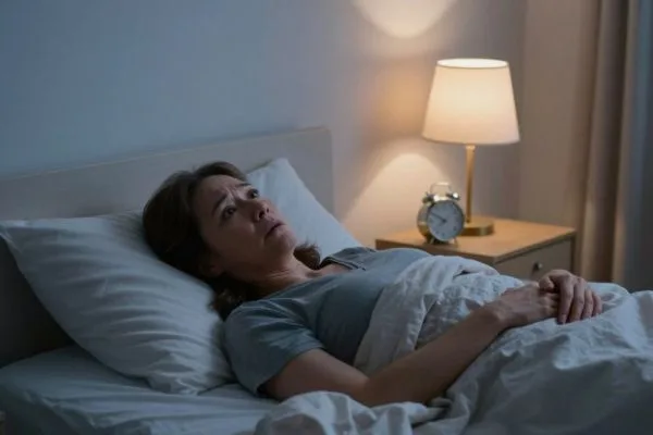 Femme stressée dans son lit, réveil sur la table de nuit, chambre sombre, posture tendue a cause d'une paralysie du sommeil