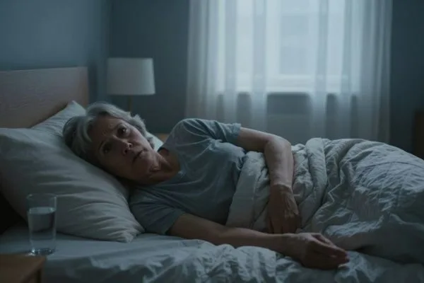 Femme senior dans sa chambre, éveillée la nuit, lumière tamisée, ambiance sereine