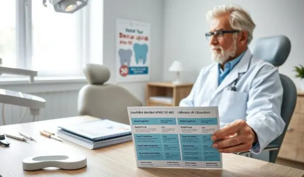 Dentiste senior tenant un document explicatif sur les gouttières dentaires et les
remboursements dans son cabinet