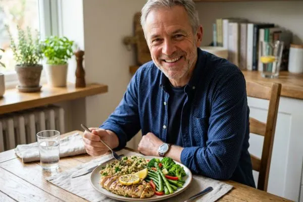 Homme de plus de 50 ans devant une assiette équilibrée avec poulet grillé, quinoa
et légumes verts, symbolisant une alimentation protéinée structurée