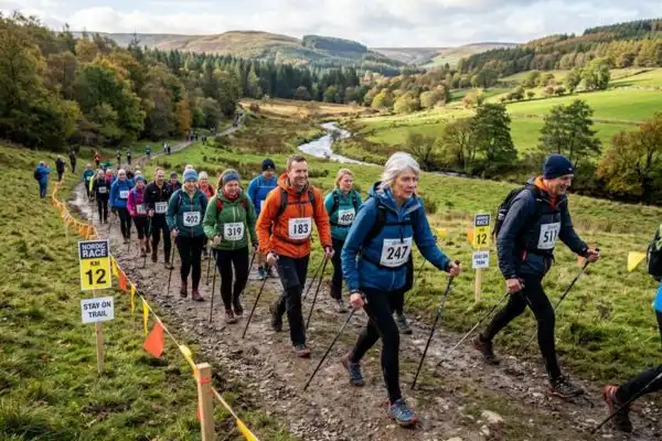 Groupe de marcheurs nordiques en compétition sur un parcours
balisé en pleine nature, dossards et bâtons en action