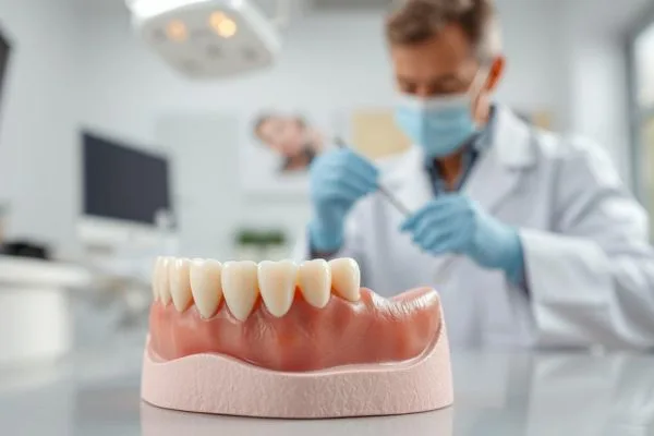 Dentiste examinant un modèle de prothèse dentaire complète en cabinet dentaire moderne