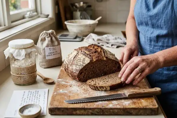 Recette de pain de seigle maison avec farine T130 et levain naturel, facile à réaliser après 50 ans