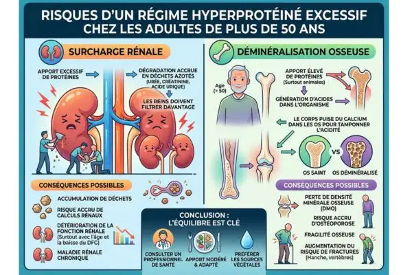 Illustration des risques d'un régime hyperprotéiné excessif : surcharge rénale et
déminéralisation osseuse après 50 ans