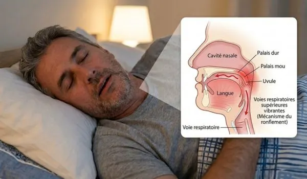 Photo sobre d’un homme 50 ans dormant,
avec un schéma en surimpression des voies aériennes
supérieures qui vibrent