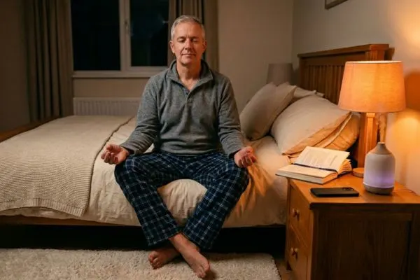 Homme 50+ en pyjama confortable → position méditation lit bord, lumière douce orange lampe chevet,
livre ouvert table nuit, diffuseur lavande vapeur légère, smartphone retourné éteint, expression sereine/détendue
