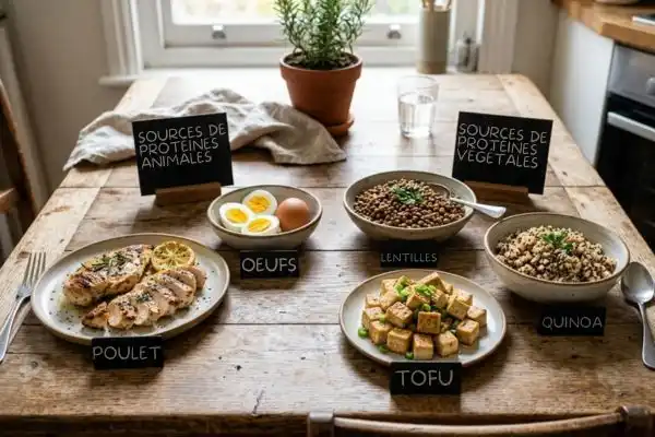 Comparaison de sources de protéines animales et végétales : poulet, œufs, lentilles,
tofu et quinoa disposés sur une table