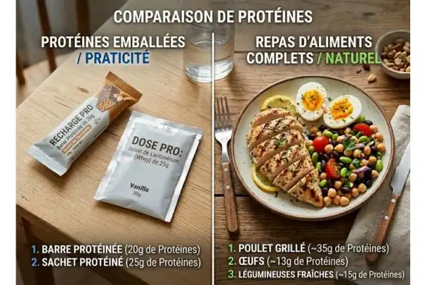 Comparaison côte à côte d'une barre protéinée et d'un sachet hyperprotéiné à gauche, face à une assiette de poulet grillé, œufs et légumineuses fraîches à droite