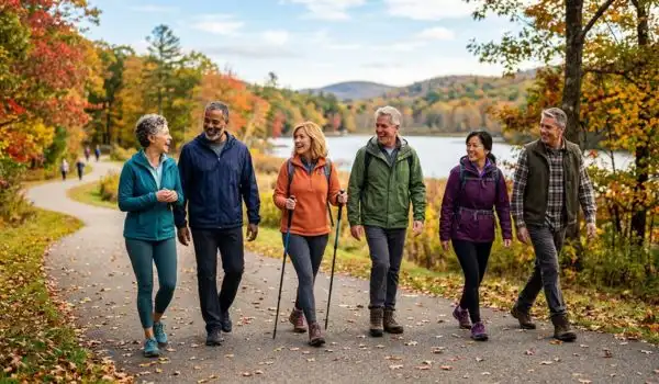 Groupe de personnes de 50 ans en activité de marche ensemble en plein air