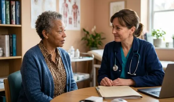 Personne de 60 ans en consultation avec un professionnel de santé bienveillant