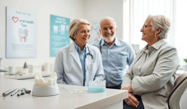 Dentiste et couple de seniors souriants en consultation dentaire, avec des modèles
de gouttières sur le bureau