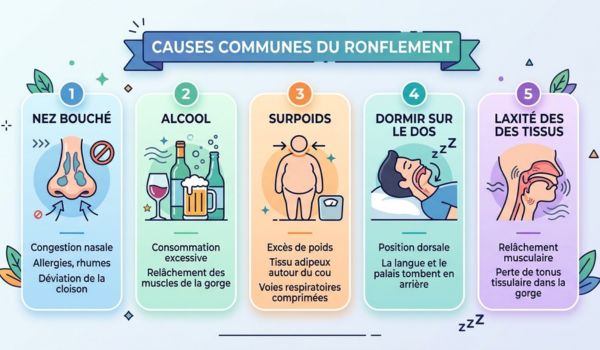 Infographie en pictogrammes listant les causes courantes, nez bouché, alcool, surpoids,
position sur le dos, relâchement des tissus