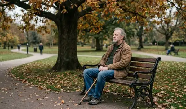 Homme de 60 ans assis seul dans un parc, sans interaction sociale