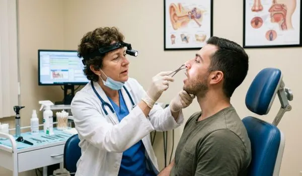Photo d’une consultation ORL avec examen du nez et de la gorge