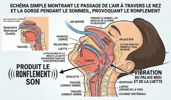 Schéma simple montrant l’air qui passe dans le nez et la gorge, avec vibration
du voile du palais et de la luette pendant le sommeil à l’origine du ronflement