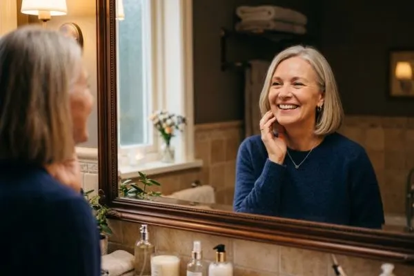 Femme 50 ans souriante devant un miroir, observant son sourire avec satisfaction.
Lumière douce, ambiance positive et intime.