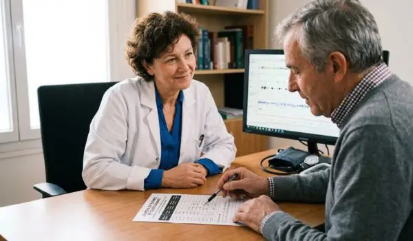 Photo d’une consultation médecin-patient, ou d’un centre du sommeil, avec un carnet de suivi ou
questionnaire de somnolence sur la table